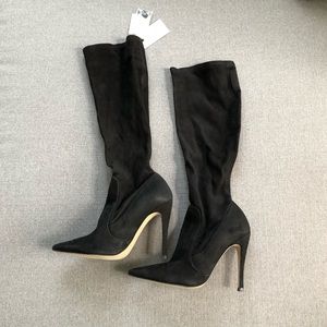 Zara black leather knee high heeled boots 39/8